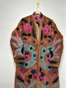<b>Women</b> Embroidered <b>Velvet</b> Quilted Long <b>Jacket</b> Handmade Boho Floral Ethnic Open Front Regular Breathable Eco-Friendly Indian - Product Image 1