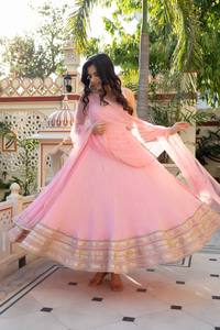 Moti Dori Natural Crepe Anarkali Dress With Mirror Work Georgette Veil And Cotton Pant Heritage Style Festive Ensemble - Product Image 2