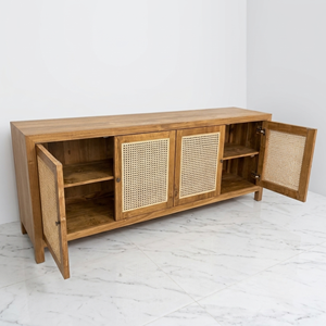 Rattan Cane Cabinet Solid Teak Wood 4 Door Woven Panel Round Knob Straight Leg Living Room Storage <b>Sideboard</b> Furniture Buffet - Product Image 4