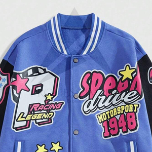Veste de baseball bleue pour homme avec design patchwork, impression par sublimation, style streetwear, vêtement d'automne, coupe classique, col rabattu - Product Image 4