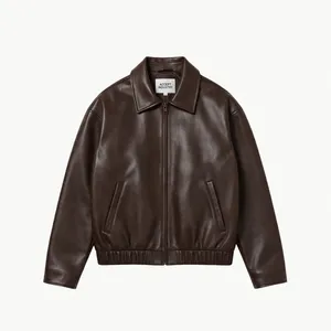 2026 New Arrival <b>Winter</b> <b>Mens</b> Dark Brown PU Leather Bomber Jacket Oversized Boxy Fit <b>Shirt</b> Collar Front Custom Logo - Product Image 1