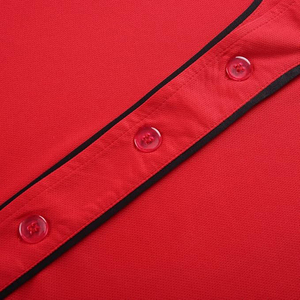 Maillot de baseball rouge vif uni classique à boutons pour adulte unisexe avec bordures à fines rayures noires - Product Image 4