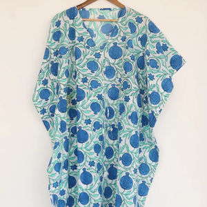 Vestido Kaftán Azul de Algodón para Mujer, Estilo Boho, para Vacaciones de Verano, Corte Holgado - Product Image 1