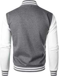 Men's Gray Varsity <b>Jacket</b> With <b>White</b> Sleeves And Striped Trim Casual Button-Up Outerwear Autumn Wear - Product Image 3