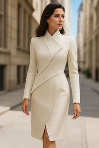 Robe moulante asymétrique à col montant sculptural, plis origami, coupe fourreau midi, col architectural, pour le bureau - Product Image 2