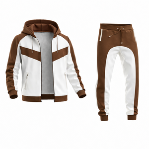 Unisex Brown & White Hooded Tracksuit Set – <b>Zip</b> <b>Up</b> <b>Jacket</b> with Jogger Pants, Slim Fit Casual Sportswear Gym Fitness Outfit - Product Image 3
