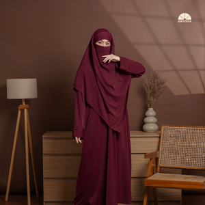 Ensemble Abaya Islamique et Khimar Français pour Femme, Couleur Bourgogne, en Coton Marbella Premium, Non Tissé Uni, Coupe Ample, Robe Modeste avec Coffret Cadeau - Product Image 5