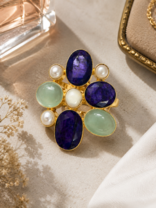 Anillo con Forma de Flor, con Zafiro, Aguamarina y Perla Semipreciosas, Chapado en Oro de 18K, Joyería Cristiana, Hecho a Mano, para Fiesta - Product Image 2
