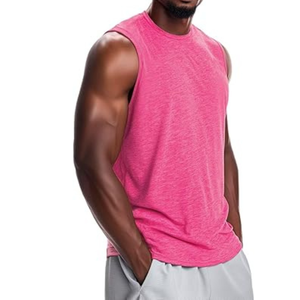 Camiseta sin mangas para hombre, color rosa, cuello redondo, color sólido, tejida, transpirable, informal, para hacer ejercicio - Product Image 3