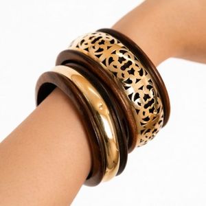Rizir Fashion Handmade Geometric Christian Wooden <b>Bangles</b> Zinc Alloy Inlay Carved Stackable 14K <b>Gold</b> Plated Women's Wholesale - Product Image 2