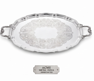 Plateau de service artisanal de style vintage en argent plaqué avec motif floral, finition métallique polie, pour événements résidentiels, mariages, hôtels - Product Image 1
