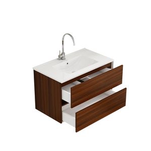 Mobile Bagno Sospeso da 32 Pollici con Doppio Cassetto a Chiusura Ammortizzata, Design Senza Maniglie in Legno Massello e Lavabo in Ceramica, Facile Installazione - Product Image 4