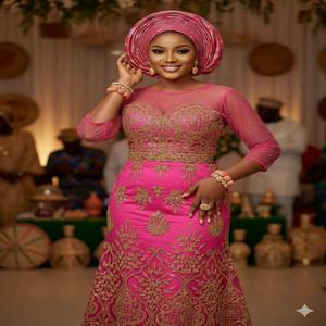 Luxury Nigerian Indian 100% Polyester Heavy Gold Embroidery Sequins Elegant Girls Wedding Wrapper Set - Product Image 5