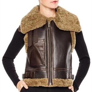 Chaleco Bomber de Cuero Genuino con Forro de Borrego para Mujer, Estilo Aviador B3 RAF, Color Marrón, para Invierno - Product Image 1