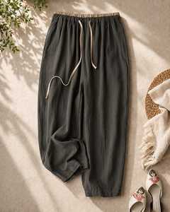 Pantalon en lin pour femme, taille mi-haute, cordon élastique, couleur unie, coupe ample, longueur cheville, décontracté, été - Product Image 5