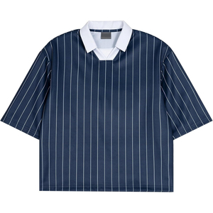 เสื้อโปโลแขนสั้นลายทางสำหรับผู้ชาย ผ้าทอ ทรงสมาร์ทแคชชวล ทรงปกติ ปกสีขาว สีน้ำเงินกรมท่า - Product Image 5