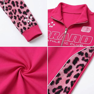 Survêtement rose à capuche pour femme, style sportif, avec fermeture éclair intégrale, ourlet fendu, imprimé léopard et poches latérales - Product Image 6