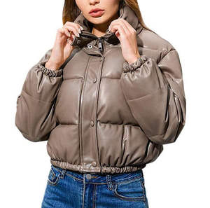 Unisex Beige PU Puffer <b>Jacket</b> Stand Collar Zipper Closure Thick Windproof Winter Coat Casual Short Length Solid Color - Product Image 4