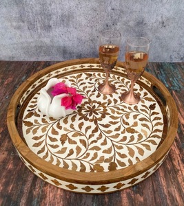Imperial Crafted Home Handcrafted Resin <b>Wooden</b> <b>Round</b> Serving Tray Modern Geometric Decorative Food Platter Handle Home Kitchen - Product Image 5