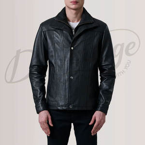 Chaqueta de Cuero Genuino Negra Premium para Hombre, Diseño de Paneles Verticales, Cuello Alto, Corte Ajustado, Estilo Urbano, Abrigo Informal - Product Image 2