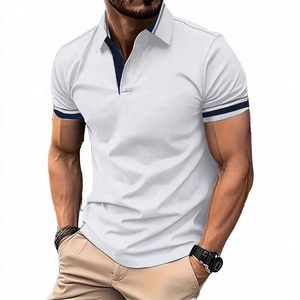 Men's <b>White</b> Short Sleeve Polo <b>Shirt</b> With Navy Casual Knitted Cotton Breathable Regular Fit Solid Color Design - Product Image 1