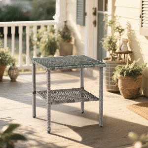 Tavolino da Esterno Quadrato a Doppio Strato in Rattan Grigio Sfumato con Piano in Vetro - Product Image 6
