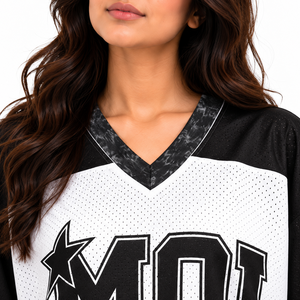 Y2K <b>Black</b> <b>White</b> Mesh <b>Football</b> Jersey Flame Graphic Oversized V Neck Short Sleeve Unisex Custom Sportswear Factory Direct - Product Image 4