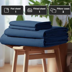 100% Linen Woven Modern Grade 4-Piece Bed <b>Sheet</b> <b>Set</b> Navy Blue Color 100TC Solid Pattern Eco-Friendly All-Season - Product Image 6