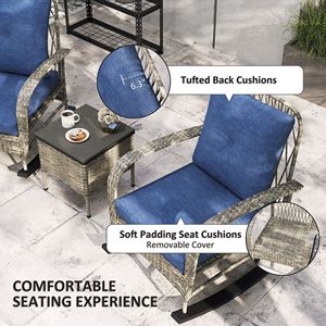 Set di Mobili da Giardino in Vimini, 3 Sedie a Dondolo in Rattan PE con Tavolino e Cuscini, Colore Grigio - Product Image 6