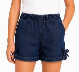 Shorts en jean bleu foncé pour filles, taille élastique, décontractés, pour l'été, en denim délavé doux, avec détail de nouage latéral élégant, qualité supérieure - Product Image 4