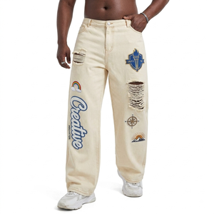 2026 Custom Logo 100% Cotton Medium Wash Casual Oversized Denim <b>Jeans</b> for <b>Men</b> Straight Leg with <b>Ripped</b> & Graphic Design - Product Image 5