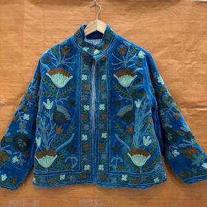 Chaqueta de Terciopelo Bordada para Mujer, Estilo Vintage, Floral, Boho, Azul, Prenda Exterior de Estilo Étnico - Product Image 1