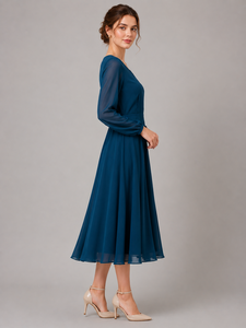 Robe Western Unie Bleu Teal Imprimée Col Profond Manches Longues Dos Noué Évasée en Chiffon Longueur Midi Décontractée Confortable pour Femme - Product Image 2