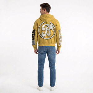 เสื้อฮู้ดซิปสีเหลืองสไตล์วินเทจสำหรับผู้ชาย ทรงโอเวอร์ไซส์ สตรีทแวร์ ผ้าฝ้ายถัก พิมพ์ลาย U.S.A. ปี 2026 ดีไซน์ฤดูใบไม้ร่วง ผลิตแบบ OEM - Product Image 4