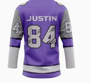 Maillot de hockey sur glace personnalisé pour homme, manches longues, imprimé par sublimation, violet et gris, 84 Justin, respirant, en polyester, col rond, uniforme adulte - Product Image 4