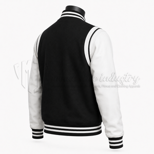 Chaqueta Varsity Personalizada en Blanco y Negro, Cuerpo de Lana, Mangas de Cuero, Chaqueta de Béisbol Letterman, Fabricante de Marca Privada OEM - Product Image 4