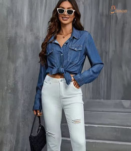 Camisa vaquera para mujer, estilo crop con nudo, manga larga, abotonada, lavada, color liso, top casual, corte regular, primavera-verano, estilo urbano - Product Image 2