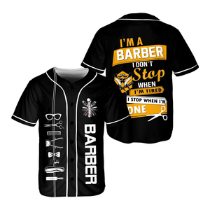Nueva llegada: Ropa de trabajo para barberos, camisa con sublimación de logotipo personalizado, bata lavable, camiseta de barbero, estilo jersey de béisbol para barbero - Product Image 6