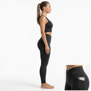 Womens <b>Black</b> Square Neck <b>Yoga</b> Set Sports Bra High Waist Pocket <b>Leggings</b> Gym Fitness Workout Activewear Two Piece - Product Image 6