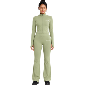 Custom Women Olive <b>Green</b> Yoga <b>Set</b> Fitted Long Sleeve Crop Top High Waist Bell Bottom Leggings Activewear Studio <b>Gym</b> Workout <b>Set</b> - Product Image 2