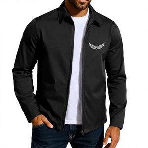 Veste zippée bleu marine pour homme avec broderie d'ailes, coupe-vent décontractée, col rabattable, manches longues, couleur unie - Product Image 5