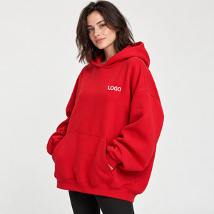 Women's Oversized <b>Red</b> <b>Hoodie</b> With Front Logo Print Drop-Shoulder Fleece Sweatshirt Long Length Autumn Wear - Product Image 1