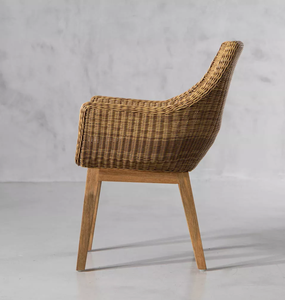 Fauteuil de jardin en rotin tressé avec coussin, chaise de salle à manger d'extérieur, pieds en bois, pour terrasse - Product Image 6