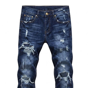 Jeans déchirés pour hommes, coupe slim, décontractés, tendance, bleu délavé, look moderne - Product Image 6