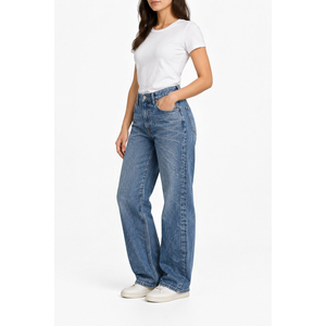 Jean en denim pour femme, coupe décontractée, jambe large, taille mi-haute, brodé, bleu moyen - Product Image 3