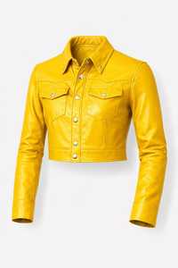 Veste en cuir courte pour femme, design tendance, jaune vif, coupe ajustée, style trucker, pièce maîtresse de la mode - Product Image 6