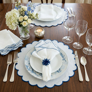 Custom Wholesale Traditional Luxury Embroidery Handmade Blue Scallop Border <b>Placemats</b> Napkins Sets White Linen Wedding Banquet - Product Image 3