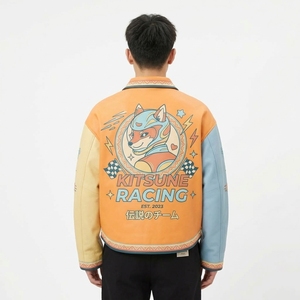 Kitsune Racing Bedruckte Leder-Varsity-Jacke für Herren Streetwear Orange Charakterdesign Umlegekragen Reißverschluss Vorne - Product Image 2