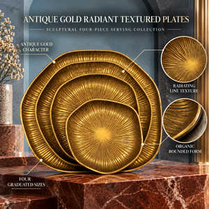 Juego de Cuatro Platos Cuadrados para Servir con Textura Radiante en Oro Antiguo |   Vajilla Escultural con Finas Líneas Acanaladas para una Cena Elegante - Product Image 5