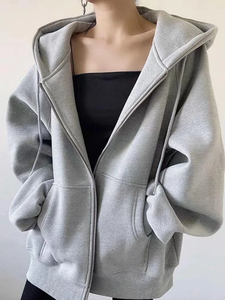 Gray Pure Color Hooded Open Sweatshirt Women's Autumn Winter <b>Fleece</b> <b>Lined</b> Lazy Style Korean Version <b>Jacket</b> - Product Image 1